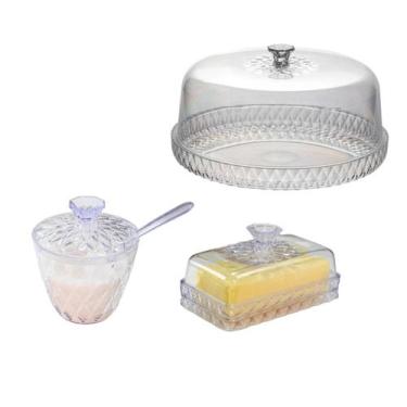 Imagem de Kit Boleira Porta Bolo Manteigueira Açucareiro Acrílico Mesa Posta Gla