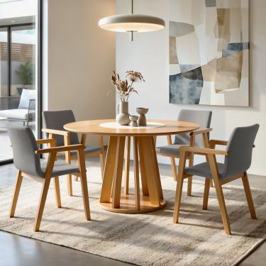 Imagem de Conjunto Sala de Jantar 4 Lugares Redonda com Prato Giratório Mesa e Cadeira Flora Cinamomo/Off White/Prata