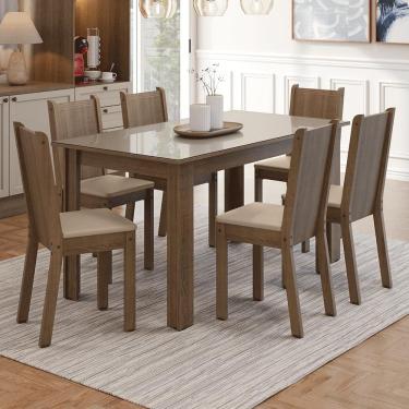 Imagem de Conjunto Sala de Jantar Cereja Mesa Tampo de Vidro 6 Cadeiras Rustic/Crema/Sintético Bege Madesa