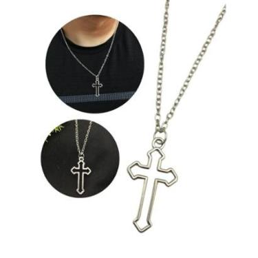 Imagem de Cordão Masculino Corrente 50cm Pingente Cruz Vazada Prata Aço Inox-Masculino