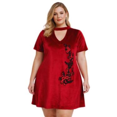 Imagem de Vestido Veludo Plus Size Luxo com Renda Floral Bordada Gola Choker Dec