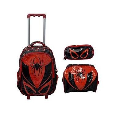 Imagem de Kit Mochila Escolar Infantil De Rodinhas Com Lancheira E Estojo Yins Em Pvc 3d Kids Spider Preto