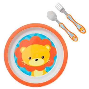 Imagem de Kit Infantil Pratinho + Talheres Animal Fun Original Baby Buba Cor:Leã