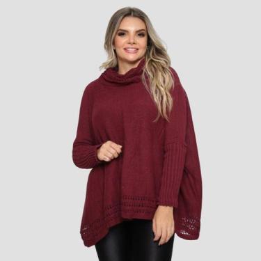 Imagem de Poncho Feminino Tricot Mousse Liso Gola Alta Casaco Lã Inverno - GIP, 