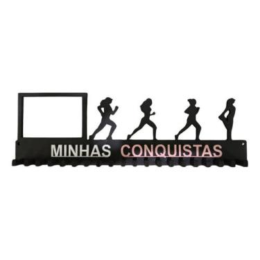 Imagem de Porta Medalhas com foto Corrida Feminino Mdf preto com 20 ganchos - Bl