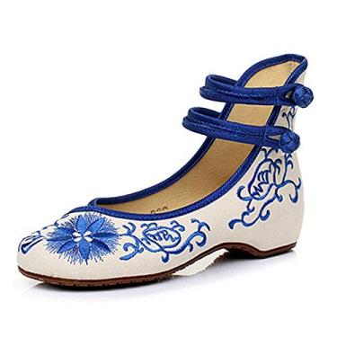 Imagem de TangDao Sapatilhas femininas casuais chinesas bordadas florais cheongsam para caminhar Mary Jane, Azul, 8.5