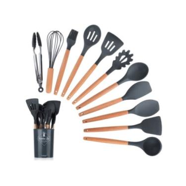 Imagem de Kit c/ 12 Utensílios de Cozinha Silicone - Cabo de Madeira - Livre de BPA (Verde-Claro)