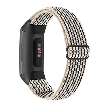 Imagem de YONWORTH Pulseira de relógio de nylon elástica ajustável compatível com Fitbit Charge 4/Charge 3/SE, pulseira elástica de nylon respirável Sport Solo Loop pulseira de substituição macia para homens e mulheres (listras bege)
