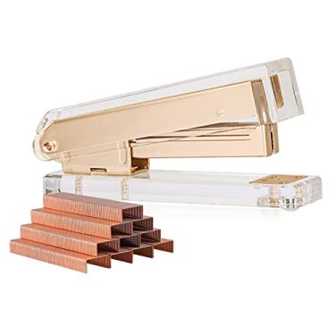 Imagem de SIRMEDAL Elegante grampeador de acrílico ultra transparente para escritório, grampeador de mesa dourado fosco com 1000 peças de grampos para acessórios de escritório (ouro)