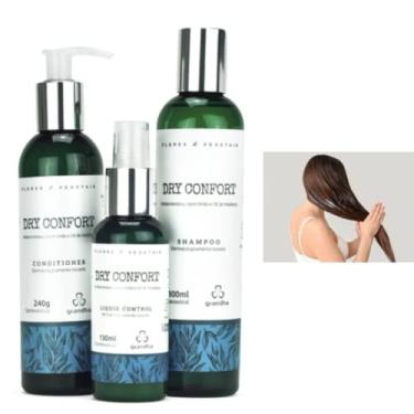 Imagem de Kit Dry Confort Flores & Vegetais.Ideal para combate à oleosidade excessiva. O kit Dry Confort, da linha de terapia capilar, Flores e Vegetais, é a tradicional combinação da arnica montana, com o capim-limão, potencializados com o óleo essencial de melaleuca para raízes oleosas e pontas secas.