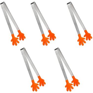 Imagem de Conjunto de 5 peças 13 cm mini pinças de aço inoxidável multifuncional com alça de silicone colorida para pasta de alimentos de cozinha e alça em forma de dedo (Laranja)