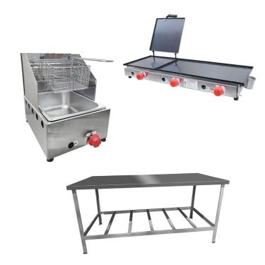 Imagem de Kit Lanchonete Mesa de Manipulação 190x70cm + Fritadeira a Gás 1 Cuba + Chapa a Gás 90cm Alcamar