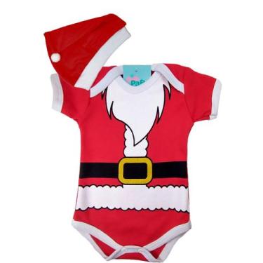 Imagem de Fantasia De Bebe Papai Noel Body + Gorro Kit Foto Natal Mesversario -