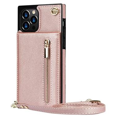 Imagem de Carteira com zíper para iPhone 13 12 Mini 14 11 X XR XS Pro Max 7 8 Plus Case com alça de cordão de cartão Capa de couro transversal, ouro rosa, para iPhone 14 Plus