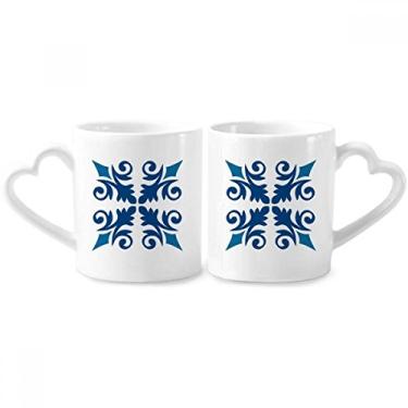 Imagem de Conjunto de canecas de porcelana para casais, flores decorativas marrocos, estampa azul, coração