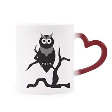 Imagem de Caneca coruja árvore noturna Halloween sensível ao calor Caneca vermelha muda de cor
