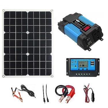 Imagem de Inversor de onda senoidal modificado 300 W Inversor de energia DC 12 V para AC 220 V Conversor de de carro com painel solar de 18 W e controlador de carga solar de 30 A Adequado para