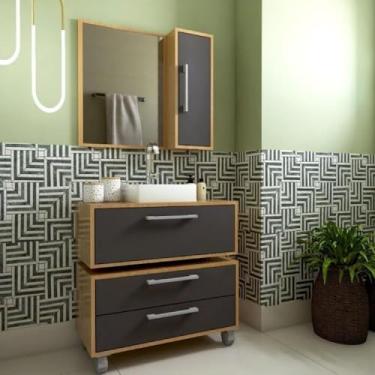 Imagem de Gabinete para Banheiro Suspenso 80cm Alice com Balcão 2 Gavetas e Espelheira com Cuba Branca Mel/grafite
