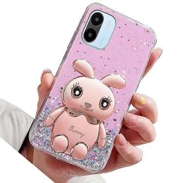 Imagem de Rnrieyta Miagon Rabbit Glitter Stand Case para Xiaomi Redmi A1, capa protetora de TPU macio transparente brilhante fina à prova de choque com suporte de coelho fofo, rosa