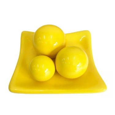 Imagem de Centro De Mesa Prato Com 3 Esferas Em Cerâmica Decorativo - Amarelo Ge