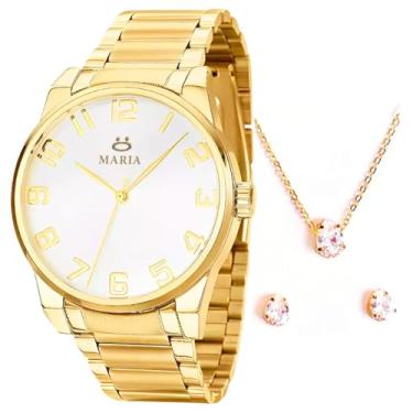 Imagem de Relogio feminino original dourado casual pequeno +kit joias folhadas 18k colar e brincos social presente mulher