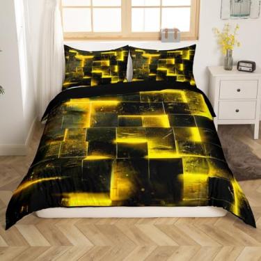 Imagem de Jogo de cama solteiro com estampa de búfalo brilhante 3D amarelo preto e moderno, arte abstrata, solteiro, geométrico, xadrez, capa de cama com cubos futuristas gradiente (preto reversível)