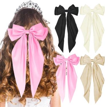 Imagem de LSxia 4 peças de laços de cabelo para mulheres, [preto, rosa e cáqui e branco bege] laços de cabelo para cabelo, fitas de cabelo grandes de cetim sedoso, grampos de cabelo para mulheres, acessórios de