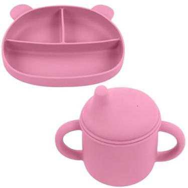 Imagem de Kit Prato Bebê Bowl Tigela Silicone Bebê + Copo Alças E Bico (Rosa)