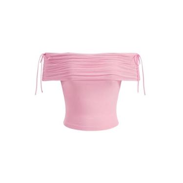 Imagem de Floerns Camiseta feminina de malha lateral franzida de renda com ombro de fora e manga curta, rosa, M