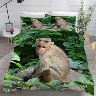 Imagem de Jogo de cama Monkey King, botânico, conjunto de 3 peças para decoração de quarto, capa de edredom de microfibra macia 264 x 232 cm e 2 fronhas, com fecho de zíper e laços