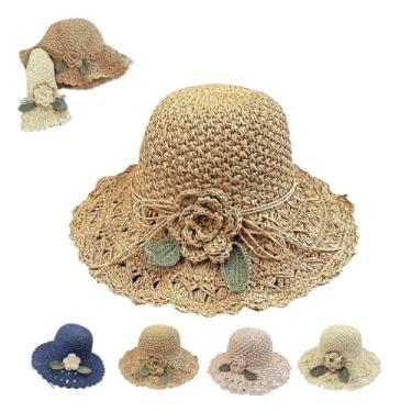 Imagem de Chapéus de palha para mulheres, chapéu de palha de crochê elegante com detalhe de babado, chapéus de crochê de proteção solar dobráveis ​​de praia de verão/1397