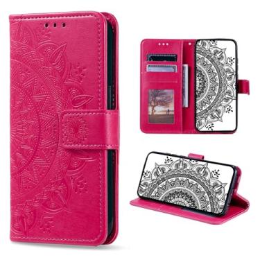 Imagem de CASEONJAN Capa para LG V30 carteira com porta-cartão, capa de couro carteira de flor mandala em relevo, capa flip à prova de choque para LG V30 (vermelho)