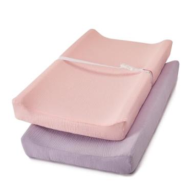 Imagem de TILLYOU Pacote com 2 capas de trocador de musselina para bebês meninos e meninas, conjunto de capas de trocador de fraldas 100% algodão, macio e respirável, roxo claro e rosa claro