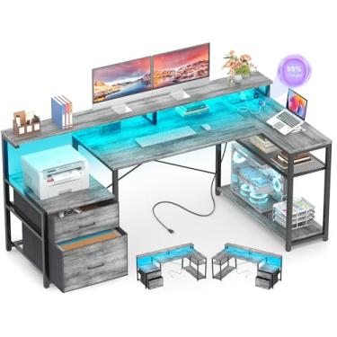 Imagem de Aheaplus Mesa em forma de L com gaveta de arquivo, mesa de computador reversível em forma de L, mesa de jogos com tomada elétrica e faixa de LED, mesa de escritório em casa com prateleira de monitor,