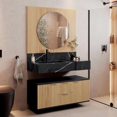 Imagem de Conjunto Para Banheiro Bancada Em Porcelanato Com Cuba Esculpida, Armário e Espelho Ripy 100cm Preto/Wood