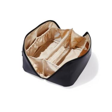 Imagem de Bolsa de maquiagem EACHY de viagem, bolsa de cosméticos de grande capacidade feminina, portátil, impermeável, nécessaire que fica plana quando aberta, com divisor e alça (preto, média)