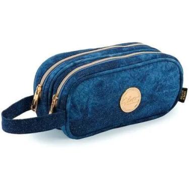 Imagem de Estojo Escolar Duplo Feminino Jeans Glitter Seanite Super Reforçado, A