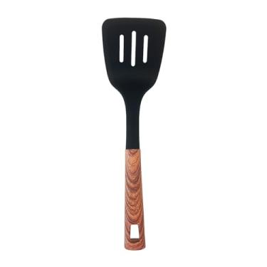Imagem de JS Gourmet Espátula de nylon de toque macio com alça de grão de madeira e orifício para pendurar, resistência ao calor, espátula flipper flexível antiaderente, para virar panquecas, peixes, ovos e
