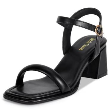 Imagem de Heels Charm Sandália feminina de salto grosso, salto alto, 6 cm, bico aberto, tira no tornozelo, salto alto, sandália para dança, uso diário, trabalho, festa, Preto, 35