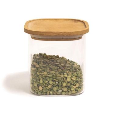 Imagem de Pote De Vidro Com Tampa De Bambu Oikos 800ml Hermético Quadrado Empilhável