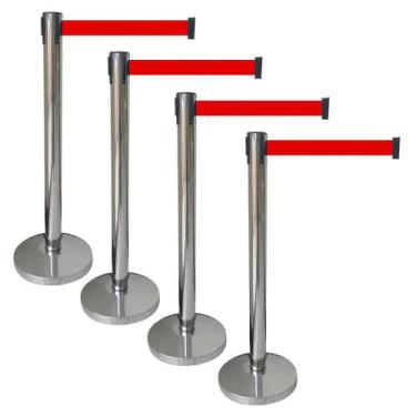 Imagem de 4 X Pedestal Organizador Separador de Fila Cromado Com Fita Retrátil V