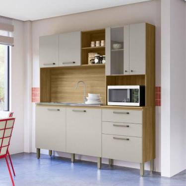 Imagem de Cozinha Compacta Kits Paraná 7 Portas 3 Gavetas Mega, Freijo/Soft