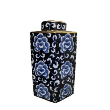 Imagem de Potiche Quadrado Porcelana Florais Azul Filete Ouro Formosa - LUXdecor