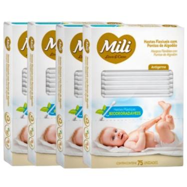 Imagem de Cotonete Hastes Flexiveis 4 caixas c/ 75 unid. Biodegradável - Mili