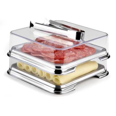 Imagem de Porta Frios Duplo Inox Empilhável Com Pegador Pinça Kit Casa Presunto 