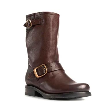 Imagem de Frye Botas curtas Veronica para mulheres feitas de couro de flor integral com ferragens de metal antigo, construção Goodyear Welt e solas de borracha – altura do cano de 15 cm, Couro vintage macio