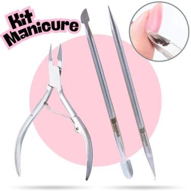Imagem de Kit Alicate Cutícula + Palito + Espátula Empurrador Unha Manicure Pedi