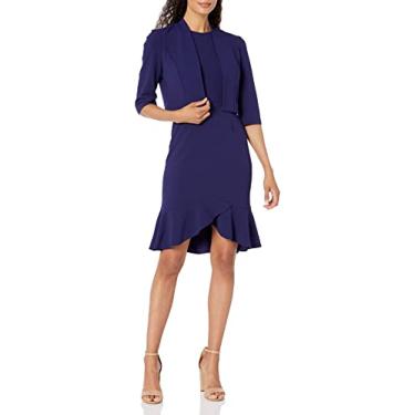 Imagem de London Times Bainha feminina com babado polido e jaqueta cardigã escritório carreira convidada da mãe da noiva, Azul-marinho meia-noite, 44