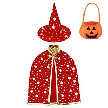 Imagem de Jackcell Capa de bruxo capa de bruxa com chapéu e bolsa de abóbora, adereços de fantasia de Halloween para festa de cosplay infantil, Vermelho, Tamanho Único