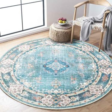 Imagem de MUJOO Tapete redondo azul-petróleo 1,2 m, tapetes circulares laváveis para quarto, sala de estar, banheiro, boho, pequeno, antiderrapante, tapete circular, floral